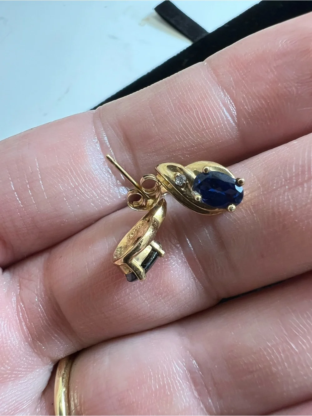 10K Gold Blue Sapphire Oval Stud Earrings with CZ Accent